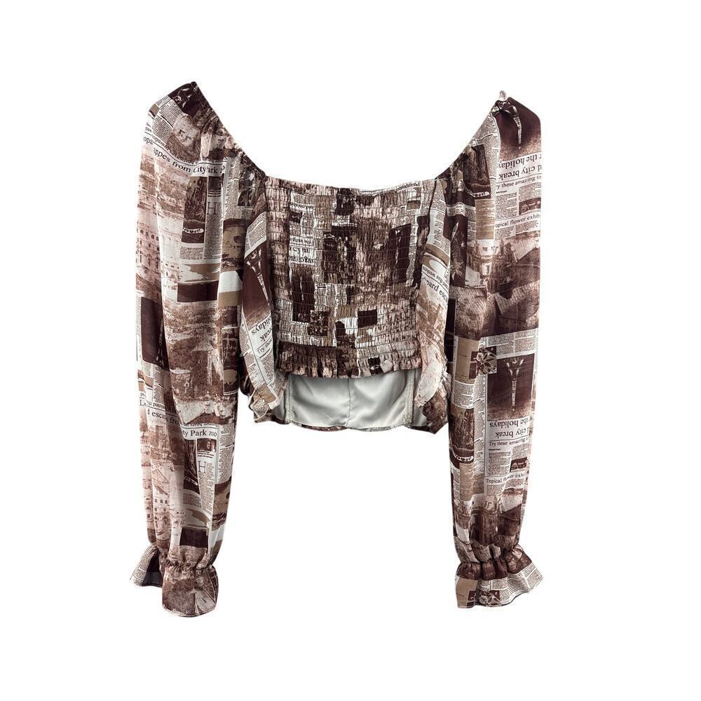 Women’s Rabbit Rose Large Brown & White Newspaper Patterned Cropped Blouse - Picture 3 of 5